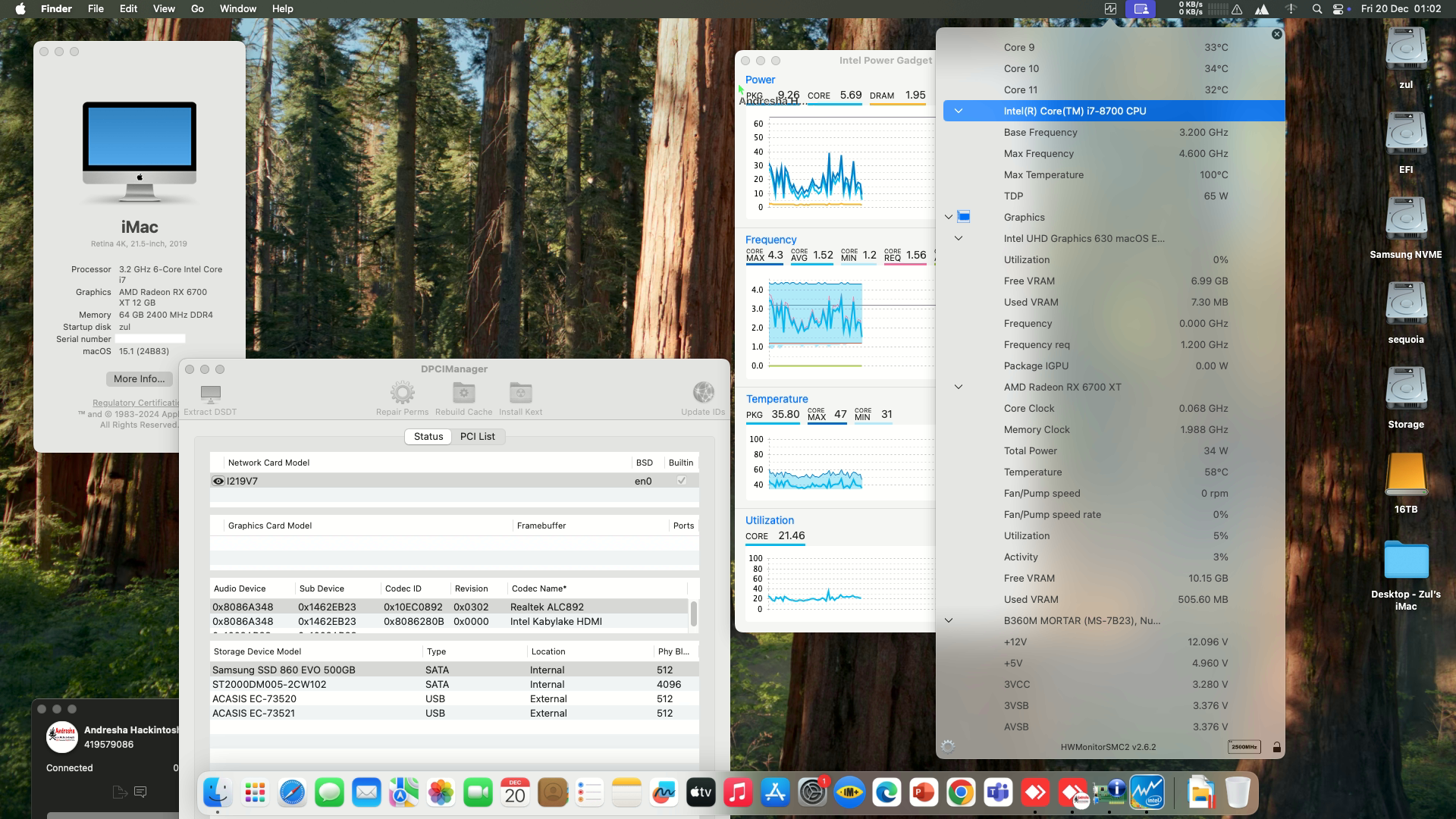 Success Hackintosh macOS Sequoia 15.1 Build 24B83 in MSI B360M Mortar + Intel Core i7 8700 + Asus RX 6700 XT